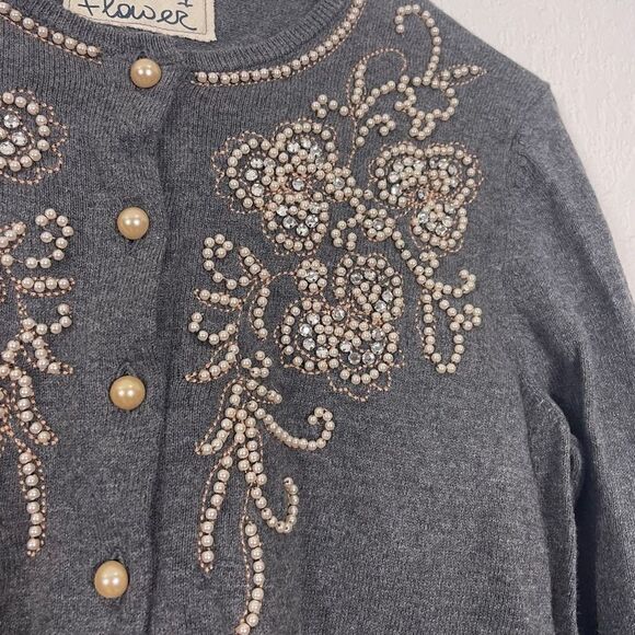 Field of Flower | Anthropologie Grey Jeweled & Pearl Beaded Cardigan Sweater - Picture 5 of 7